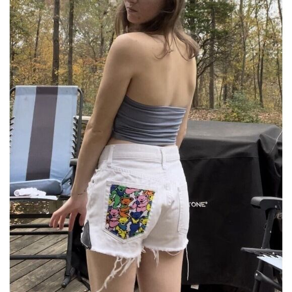 Upcycled High Rise Jean Shorts Reworked Grunge Concert Grateful Dead Bears S 25 - Picture 13 of 15
